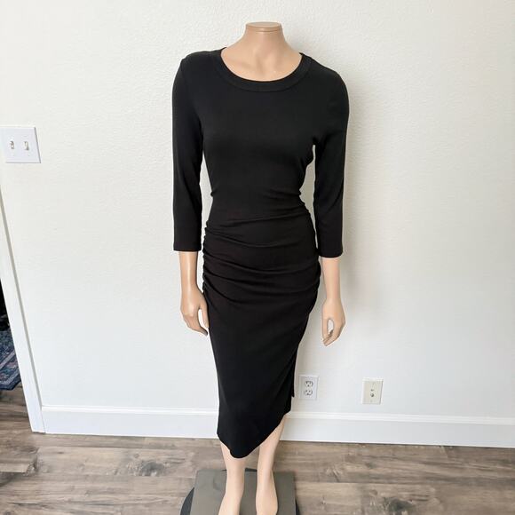 [Michael Stars] Black Ribbed Knit Midi Dress Round Neck 3/4 Sleeves Size Large L - Picture 2 of 11